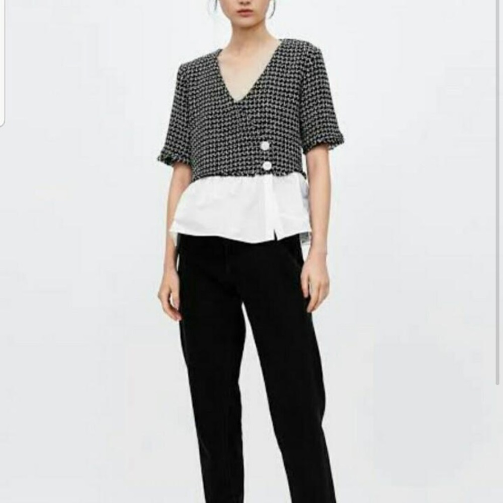 Zara Black And White Contrast Tweed Top